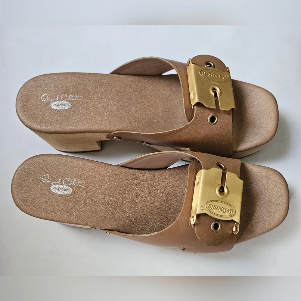 Dr. Scholl's Tan Sandals with Leather Straps and Wooden Sole - Picture 7 of 14